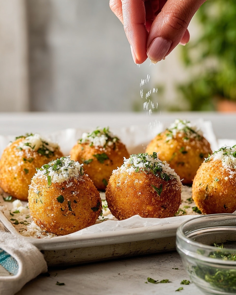 A close-up image shows six golden brown, round fried balls with a crunchy texture on a white tray lined with parchment paper. Each ball is topped with green chopped herbs and a light sprinkling of white grated cheese. A woman's hand is seen sprinkling more grated cheese and herbs onto the balls from above. To the right of the tray, there is a clear glass bowl with some herbs and grated cheese inside. The background features a soft white marbled surface with blurred greenery in the distance. photo taken with an iphone --ar 4:5 --v 7