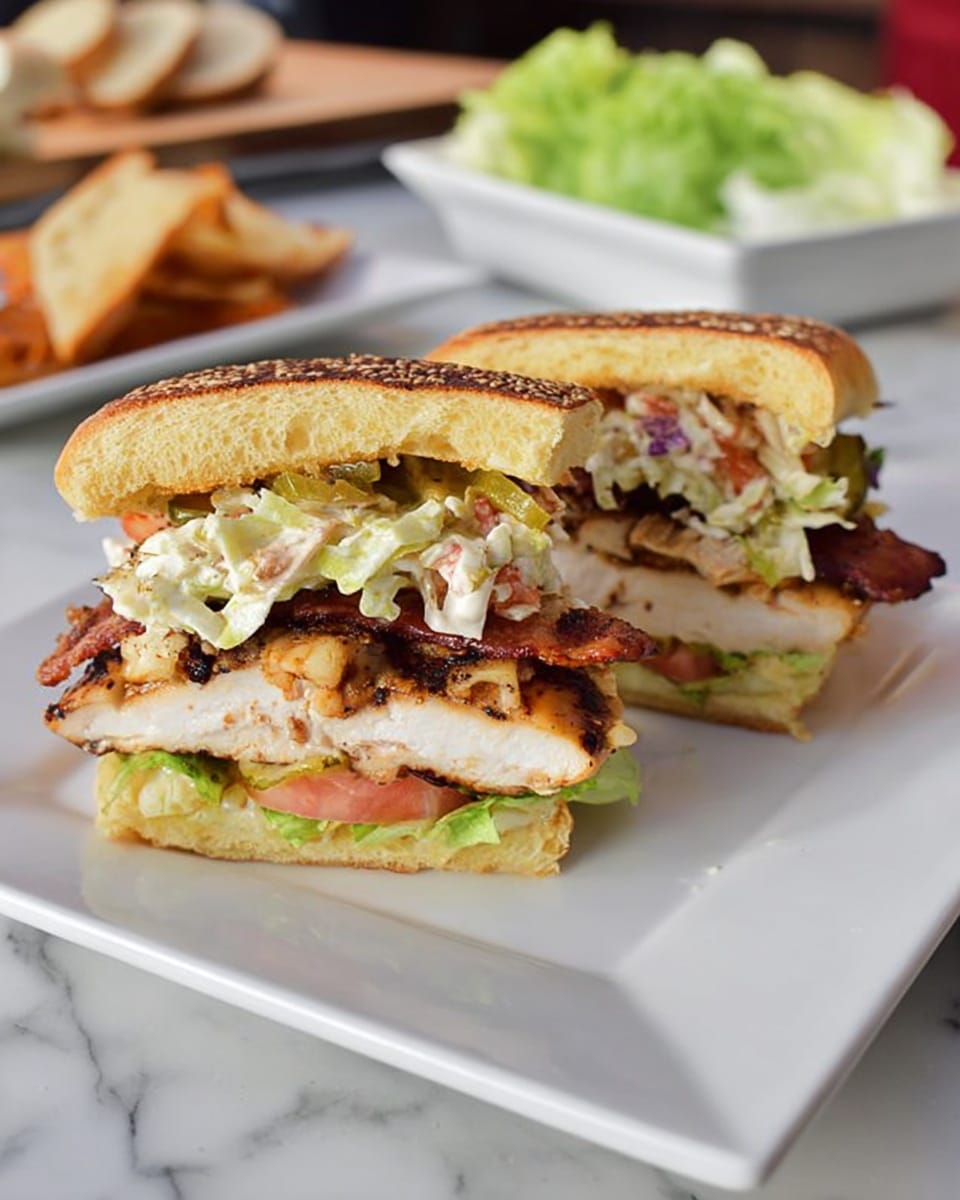 A sandwich cut in half and placed on a white square plate on a white marbled surface, showing multiple layers: at the bottom, a soft toasted bun with lettuce and a slice of tomato, followed by a thick piece of grilled chicken breast, a layer of crispy bacon, melted cheese, a layer of pickles and grilled onions, topped with creamy coleslaw and another piece of toasted bun with sesame seeds on top, all layers visible with a mix of light beige, green, red, brown, and white colors, with some creamy textures and crisp details, in the background, some blurry items including bread and lettuce in a white dish, photo taken with an iphone --ar 4:5 --v 7