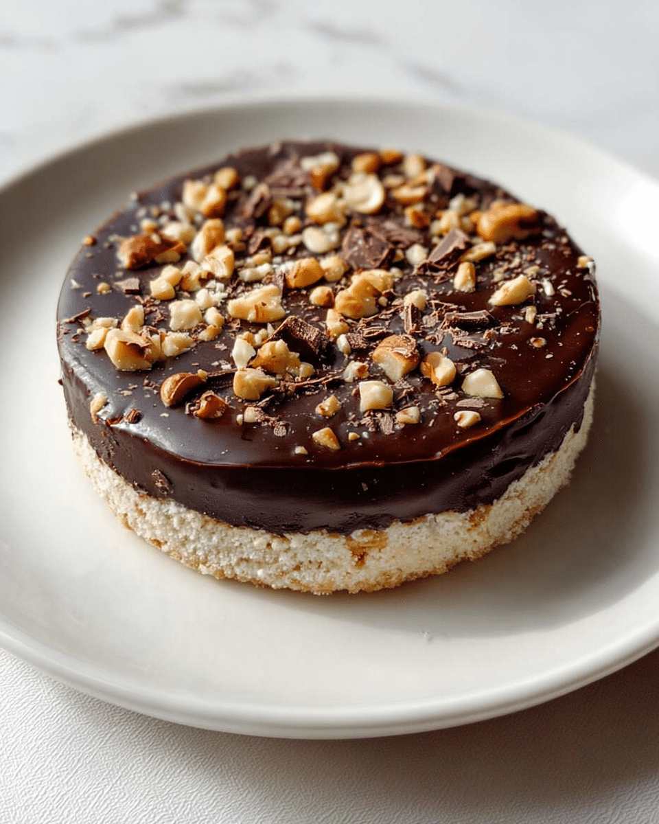 A single round dessert with two visible layers sits on a white plate over a white marbled surface. The bottom layer is light tan, fluffy, and looks like a cookie or biscuit base. The top layer is thick, dark chocolate that covers the entire surface smoothly and has chopped nuts and small pieces of chocolate scattered on top, adding texture and color contrast. The edges of the chocolate layer slightly spill over the biscuit base. The lighting is soft and natural, highlighting the glossy shine of the chocolate and the rough texture of the nuts. Photo taken with an iphone --ar 4:5 --v 7