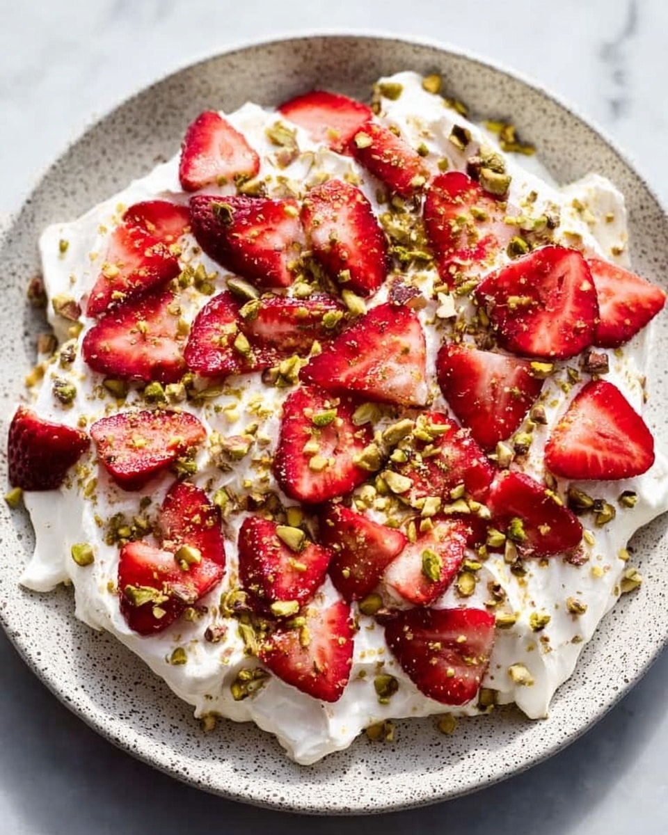 A white plate full of irregularly shaped white bark pieces layered with bright red strawberry slices embedded inside and sprinkled with small brown and green crushed nuts on the surface, all set on a white marbled background photo taken with an iphone --ar 4:5 --v 7
