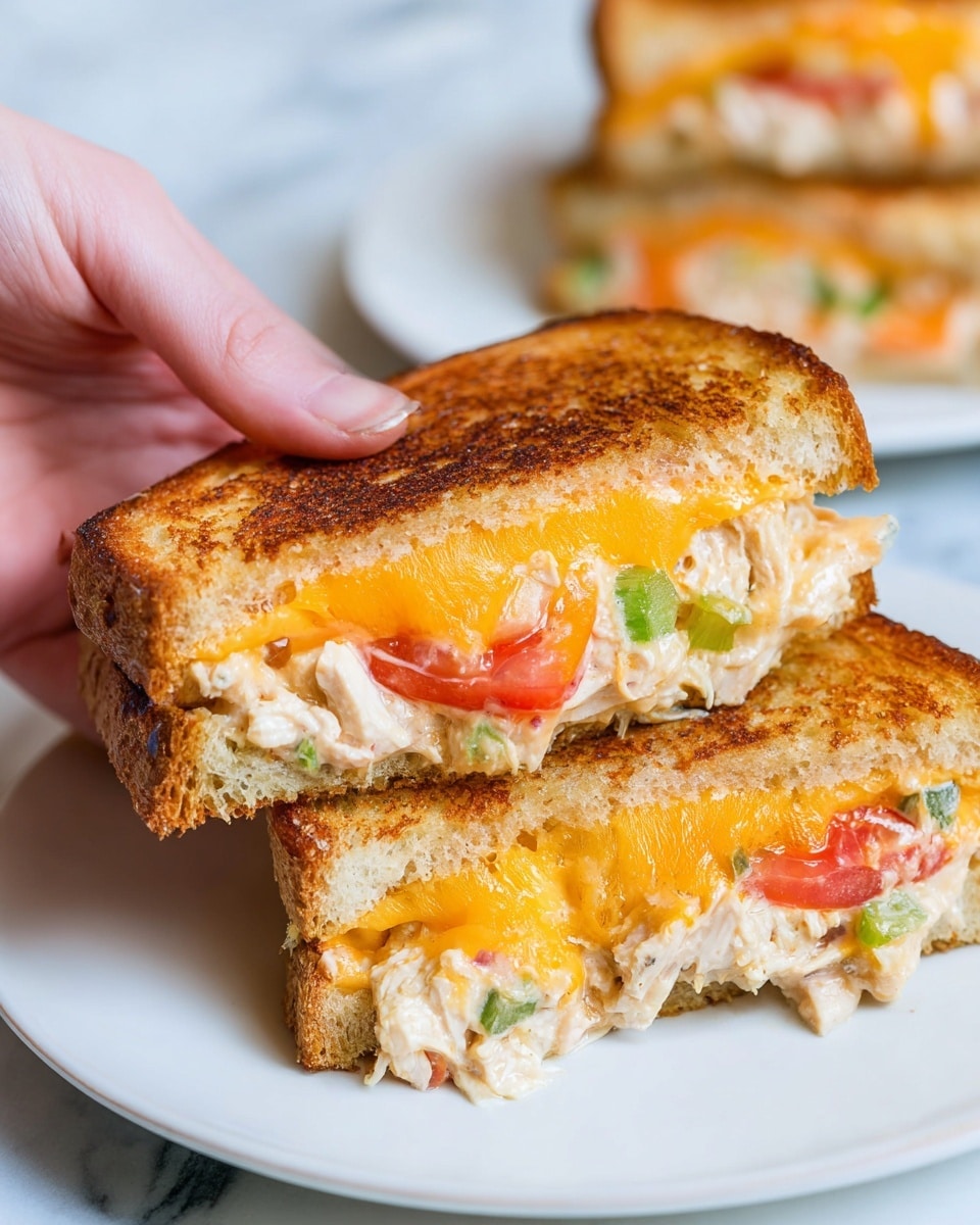 The image shows a close-up of a grilled sandwich being held by a woman's hand. The sandwich has two toasted golden-brown slices of bread with a crispy texture on the outside. Inside, there is a thick layer of melted bright orange cheese on both bread slices. Below the top layer of cheese are slices of red tomato, with a juicy, fresh look. Under this are chunks of white chicken mixed with green bits, likely celery or herbs, creating a textured and creamy filling. The sandwich is served on a plain white plate, placed on a white marbled surface. Another similar half sandwich is blurred in the background. Photo taken with an iphone --ar 4:5 --v 7