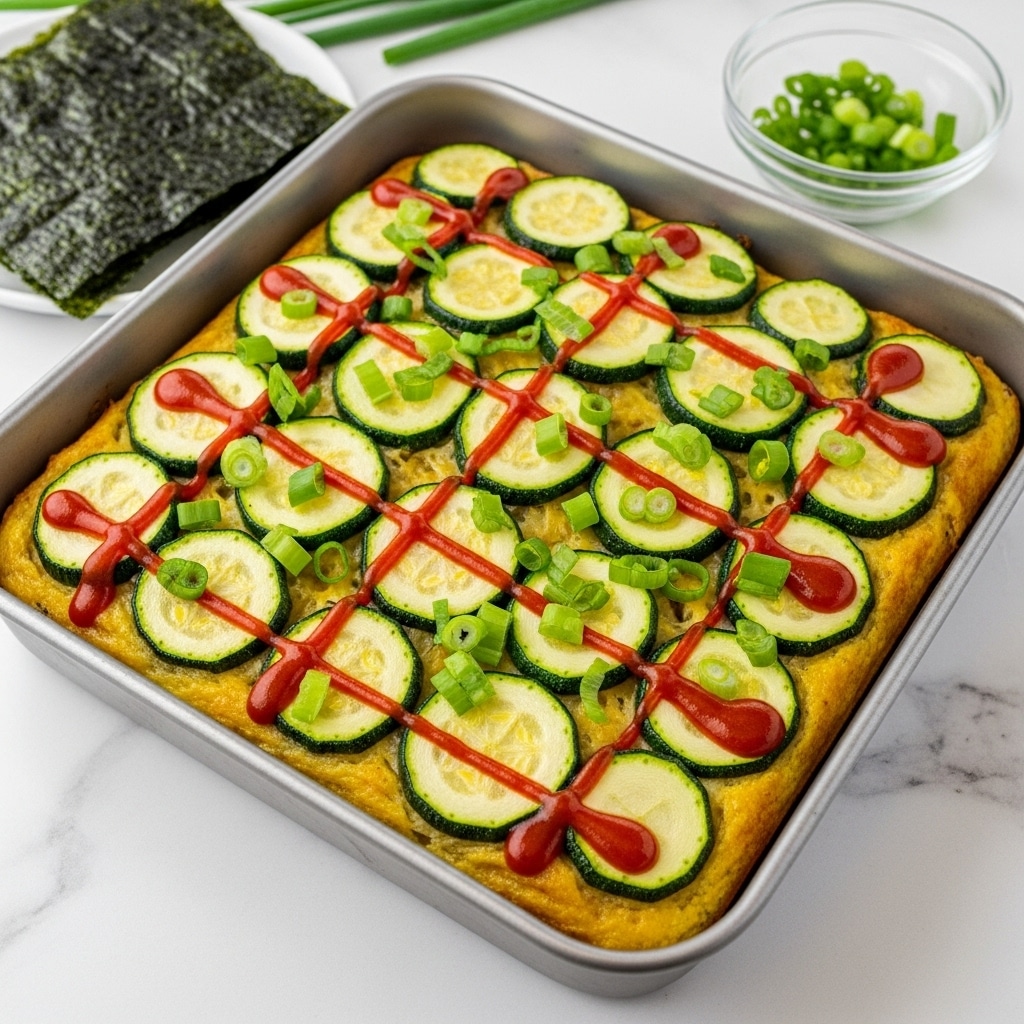 The image shows a square metal pan filled with a layered dish. The base layer appears golden and baked, topped with slices of green zucchini arranged in slightly overlapping diagonal rows. Bright green chopped scallions are sprinkled evenly on top, adding a fresh pop of color. The dish is drizzled with thin, even lines of a red sauce that creates a grid-like pattern across the surface. In the background, there is a sheet of dark green seaweed and a small clear bowl with additional chopped scallions. The pan is placed on a white marbled surface photo taken with an iphone --ar 4:5 --v 7