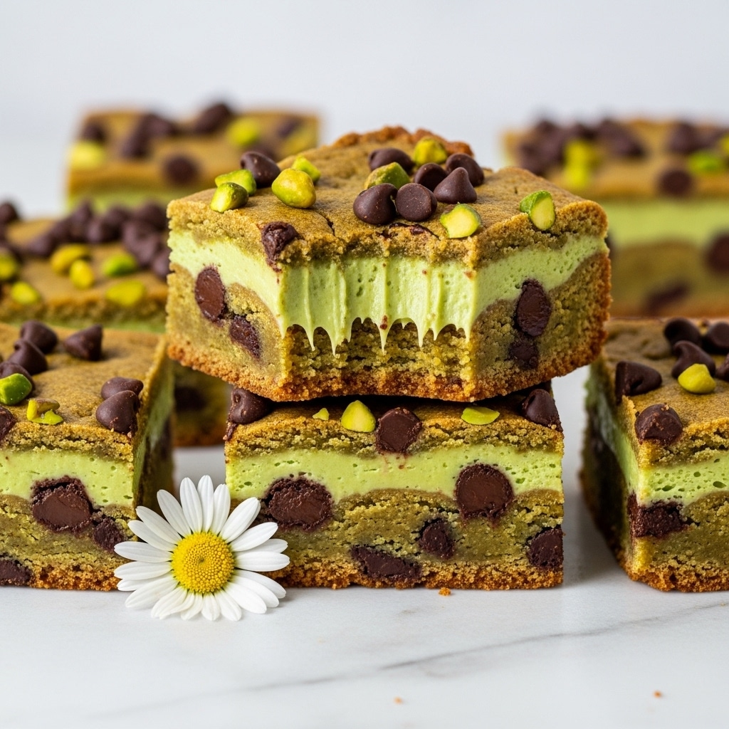 The image shows several square pieces of a greenish-brown dessert stacked on a white marbled surface. Each piece has three visible layers: a bottom layer with chocolate chips embedded in a green dough, a middle creamy green pistachio filling that looks smooth and slightly melted, and a top chewy textured crust sprinkled with chocolate chips and small green nut pieces. The middle piece has a bite taken, showing the gooey pistachio layer stretching out. There is a single white daisy with a yellow center placed in front of the dessert, adding a simple decorative touch. The photo taken with an iphone --ar 4:5 --v 7
