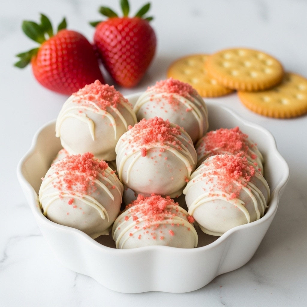 A white scalloped bowl filled with seven round treats coated in smooth white icing, each topped with pinkish-orange crumbs. Behind the bowl, two whole strawberries add bright red and green colors, and to the right, there is a small stack of golden crackers. All items are set on a white marbled surface. photo taken with an iphone --ar 4:5 --v 7