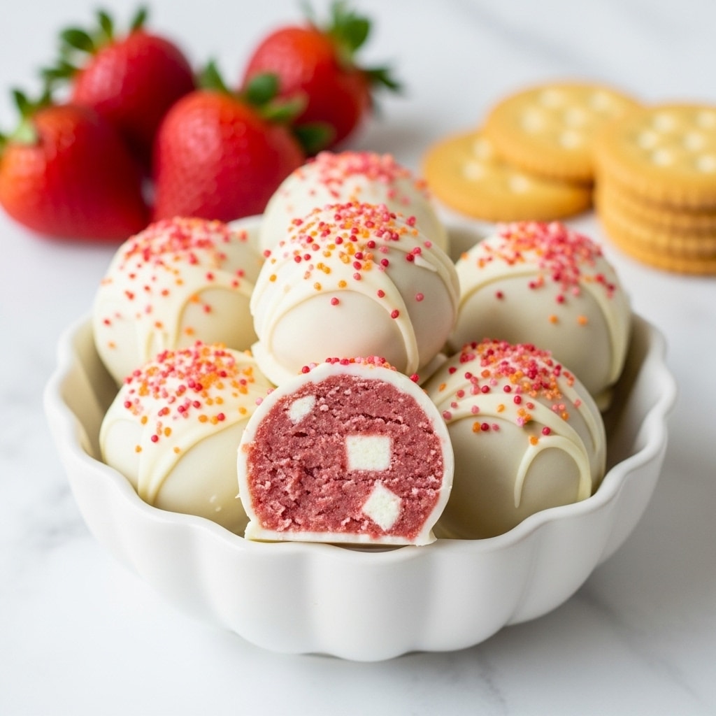 A white scalloped bowl holds seven round truffles, each coated in smooth white chocolate and sprinkled with pink and orange sugary bits. One truffle is cut in half at the front, revealing a grainy, soft pink inside with small white chunks, showing the textured filling. In the background, a white marbled surface features a few whole fresh red strawberries with green leaves and a small stack of golden round crackers partially visible. photo taken with an iphone --ar 4:5 --v 7