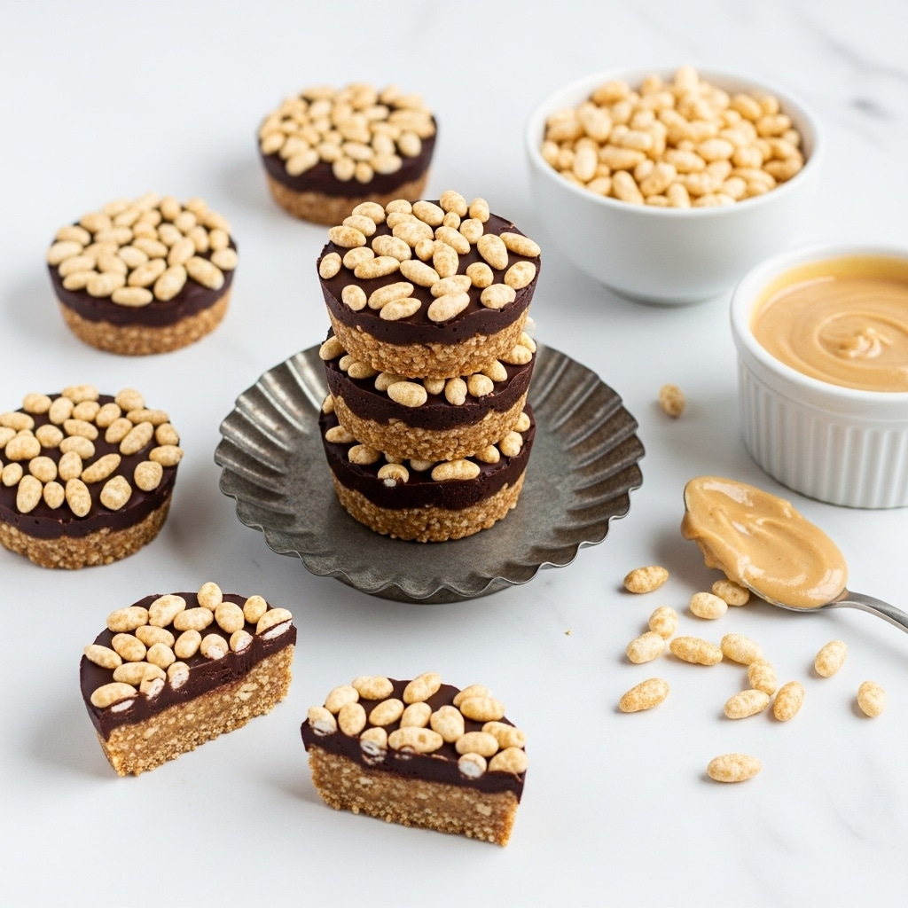 The image shows round treats with three layers: the bottom layer is a light brown, crunchy base, the middle layer is thick dark chocolate, and the top layer is covered with light tan puffed rice pieces scattered unevenly. There is a stack of three of these treats on an old silver fluted metal stand near the center. Around it, there are four more of these treats, one cut in half to show the layers inside. To the right, there is a small white bowl filled with puffed rice and a smaller white bowl with a creamy light brown sauce, with a spoon next to it spreading some sauce and more puffed rice scattered around. The background is a white marbled texture. Photo taken with an iphone --ar 4:5 --v 7
