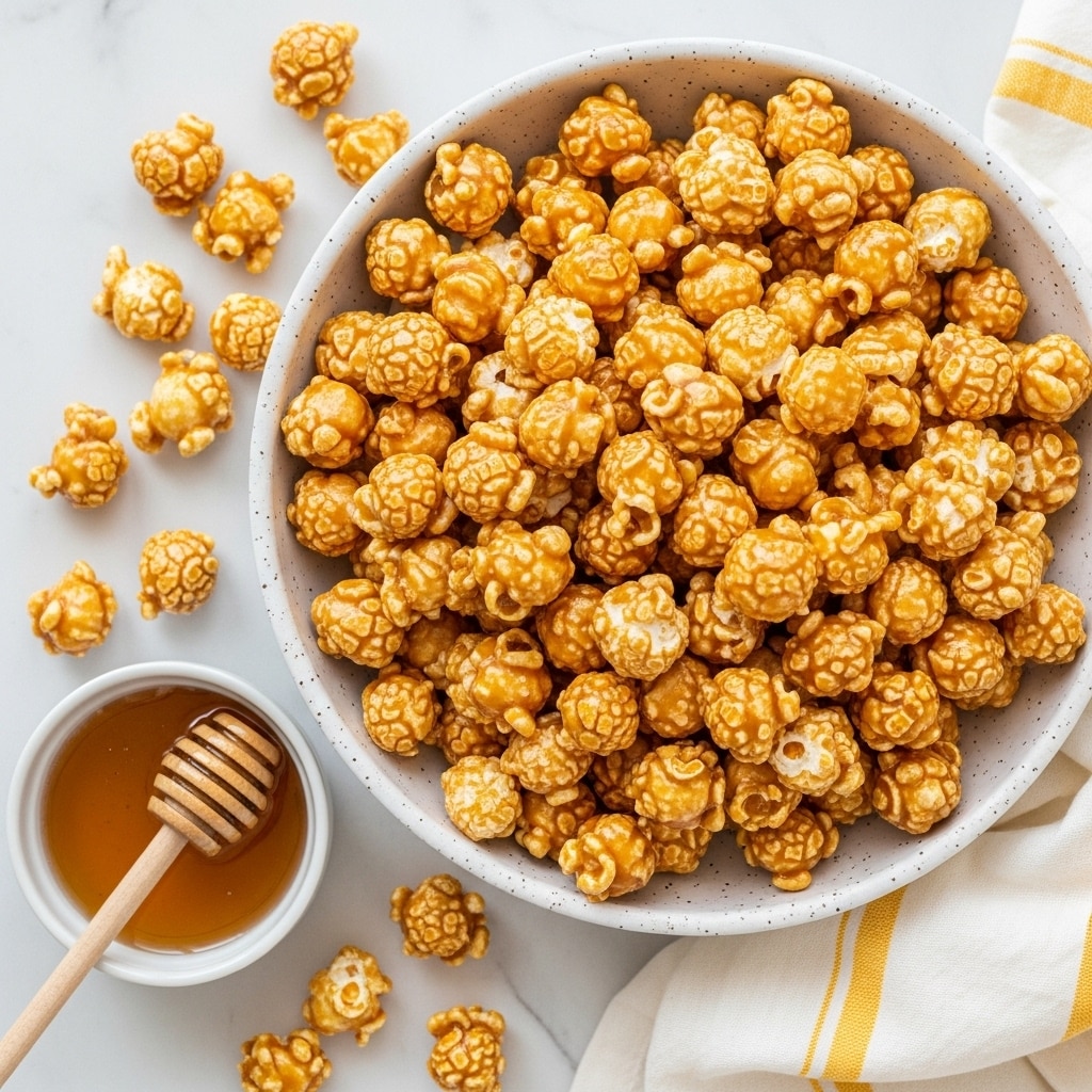 A white speckled bowl filled with a large pile of bright golden caramel popcorn, each piece showing a mix of shiny, smooth caramel coating and soft white popped kernels, unevenly clustered and popping out over the top edge of the bowl; scattered caramel popcorn pieces also lie on a white marbled surface around the bowl, while a small white bowl with light amber honey and a wooden honey dipper is placed nearby, and a white and yellow striped cloth peeks into the bottom right corner. photo taken with an iphone --ar 4:5 --v 7