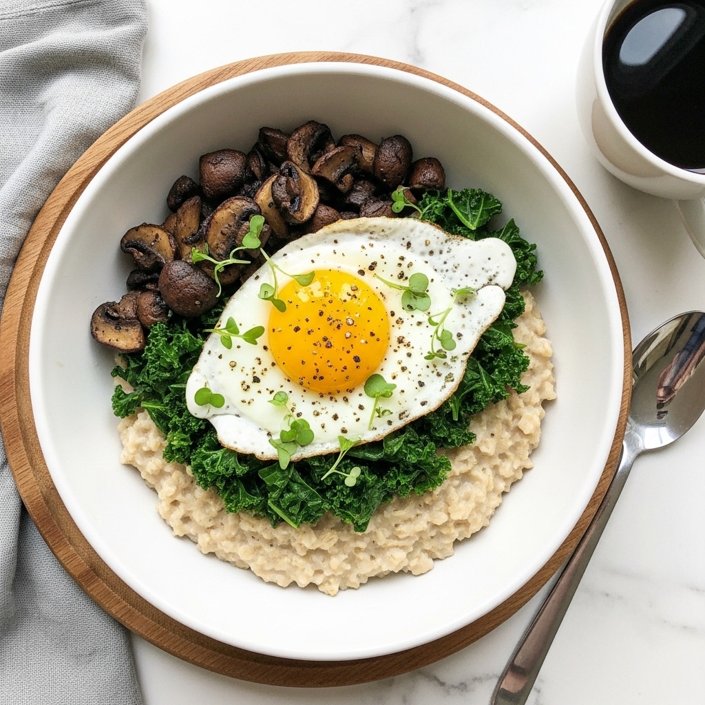 A white bowl holds a layered dish with a base of light brown oatmeal mixed with bright green chopped kale, creating a textured and hearty look. On top, there is a single fried egg with a shiny, golden yellow yolk in the center, surrounded by white egg white that has slightly crispy brown edges. Small green herb bits are sprinkled over the egg, adding a fresh contrast. The bowl sits on a wooden round board with a handle, placed on a white marbled surface. A vintage silver spoon rests next to the bowl on a soft, cream-colored cloth. Photo taken with an iphone --ar 4:5 --v 7