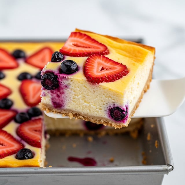 The image shows a close-up of a square piece of baked cheesecake with mixed berries being lifted with a white spatula. The cheesecake is pale yellow with a smooth, creamy texture and is topped with red strawberry slices and small dark blueberries that create spots of purple juice spreading on the surface. The piece is thick with visible soft layers and is part of a larger cheesecake in a silver baking pan, cut into square pieces. The background has a white marbled texture. photo taken with an iphone --ar 4:5 --v 7