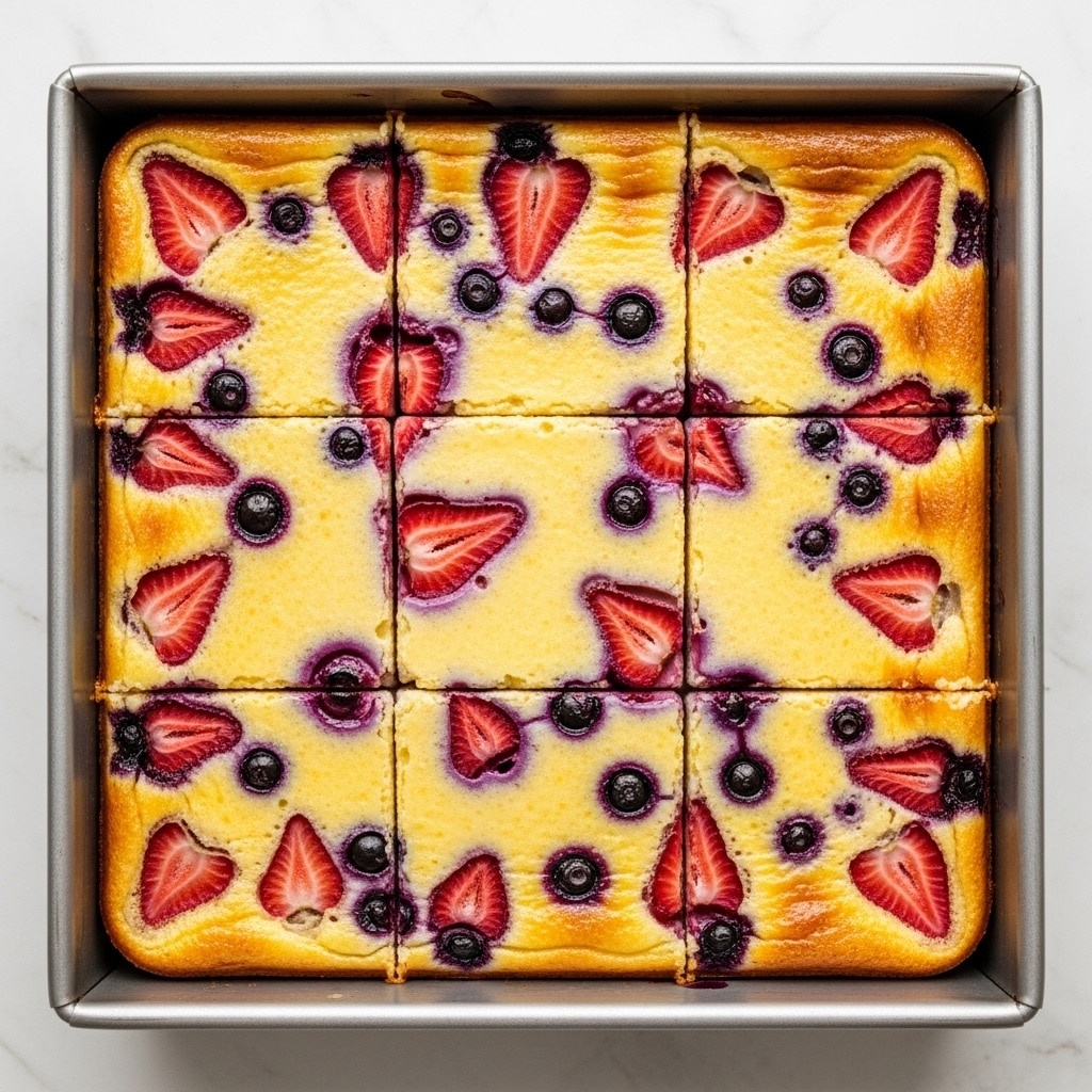 The image shows a square metal baking pan filled with a creamy yellow baked dessert cut into nine even squares. The top layer is smooth and custard-like with slices of red strawberries and small round dark blueberries scattered evenly across the surface, some blending slightly into the custard with purple stains. The dessert's edges touch the shiny pan with visible slight browning on some parts. The pan sits on a white marbled texture surface. photo taken with an iphone --ar 4:5 --v 7