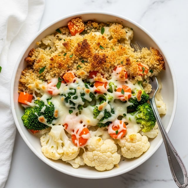 A white round bowl filled with a creamy vegetable casserole, showing a mix of three layers: the base layer has white cauliflower florets, the middle layer has bright green broccoli pieces and small orange carrot cubes covered with white melted cheese, and the top layer has a golden brown crispy breadcrumb crust with evenly browned spots and small bits of green herbs sprinkled throughout. The dish looks warm and cheesy, with textures varying from soft vegetables to crunchy topping. A silver fork is placed on the right side of the bowl, all set on a white marbled textured surface with a white cloth partly visible in the background. Photo taken with an iphone --ar 4:5 --v 7