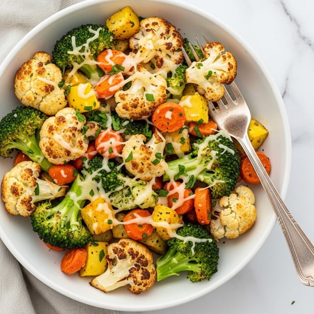 A white bowl filled with roasted mixed vegetables, including golden-browned cauliflower florets, green broccoli pieces, and chunks of orange carrots and yellow squash. The vegetables are coated with melted cheese and sprinkled with chopped green herbs. The texture looks crispy on the browned parts and soft on the cooked vegetables. A silver fork rests on the right side of the bowl holding a piece of cauliflower. The bowl is set on a light linen cloth over a white marbled surface. photo taken with an iphone --ar 4:5 --v 7