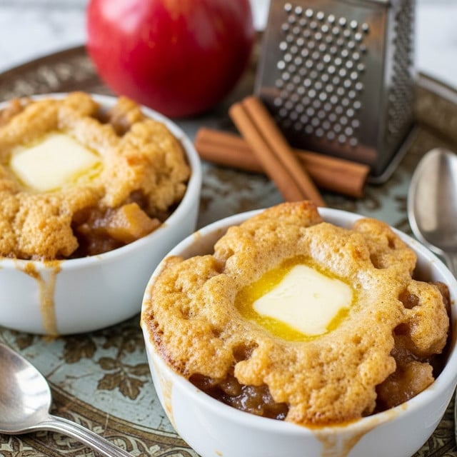 The image shows two small white bowls filled with a warm baked apple dish. Each bowl has a soft, golden-brown top layer with a slightly caramelized, bubbly texture and a visible melted pat of butter in the center. The dish looks moist and chunky, indicating a cooked apple mixture beneath the top crust. Behind the bowls, there is a whole red apple and cinnamon sticks next to an old-fashioned silver grater, all resting on an ornate surface with a faded pattern. The background is softly blurred, keeping the focus on the bowls. photo taken with an iphone --ar 4:5 --v 7