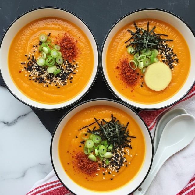 Three bowls of orange carrot ginger miso soup sit on a dark surface with a white marbled texture visible nearby. Each bowl is filled with smooth, bright orange soup topped with different garnishes: thin green onion slices, a sprinkle of red spice powder, some black sesame seeds, and dark green shredded seaweed. One bowl also has a round slice of light-colored ginger or root vegetable. The bowls are white with dark rims, arranged closely in a triangular shape. Next to the bowls are two white porcelain spoons resting on a red and white cloth. The overall look is warm and inviting, with colorful toppings contrasting the creamy soup. photo taken with an iphone --ar 4:5 --v 7