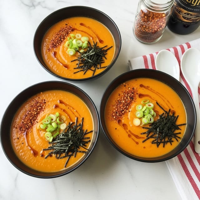 Three black bowls filled with bright orange carrot ginger miso soup are placed on a white marbled surface. Each bowl has one visible layer of smooth, creamy soup topped with a sprinkling of red spice mix on one side, a few thin green scallion slices in the center, and some dark green seaweed strips arranged neatly to one side. A few drops of dark oil are drizzled over the top, creating thin lines on the soup's surface. To the right, two white ceramic spoons rest on a red and white striped cloth. A glass jar filled with the same red spice mix and a bottle with a dark label are partially visible in the background. The light highlights the glossy, silky texture of the soup and its toppings. photo taken with an iphone --ar 4:5 --v 7
