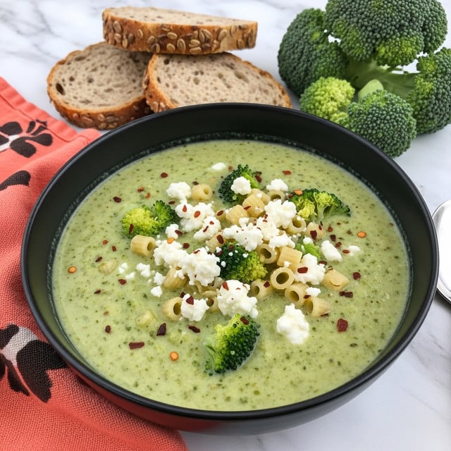 A black bowl filled with a creamy green soup that contains small pieces of broccoli, small pasta tubes, and crumbled white cheese spread evenly on top. The soup has a slightly chunky texture with visible green and white bits, sprinkled with red chili flakes. Behind the bowl, there are three slices of multigrain bread and a few pieces of fresh broccoli. The bowl is placed on a white marbled surface next to a coral pink cloth with dark brown patterns. Photo taken with an iphone --ar 4:5 --v 7