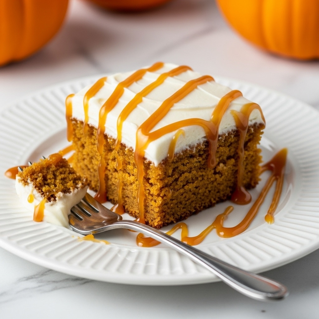 A single square piece of moist, dense pumpkin cake with a warm, orange-brown color sits on a white plate with ridged edges, topped with a thick, smooth layer of white cream cheese frosting. The frosting is drizzled generously with sticky, golden caramel sauce that flows down the sides. Around the cake, there are smears of frosting and caramel on the plate, where a silver fork rests, showing remnants of the same cake and frosting. The plate is placed on a white marbled surface, with blurred orange pumpkins in the background. photo taken with an iphone --ar 4:5 --v 7