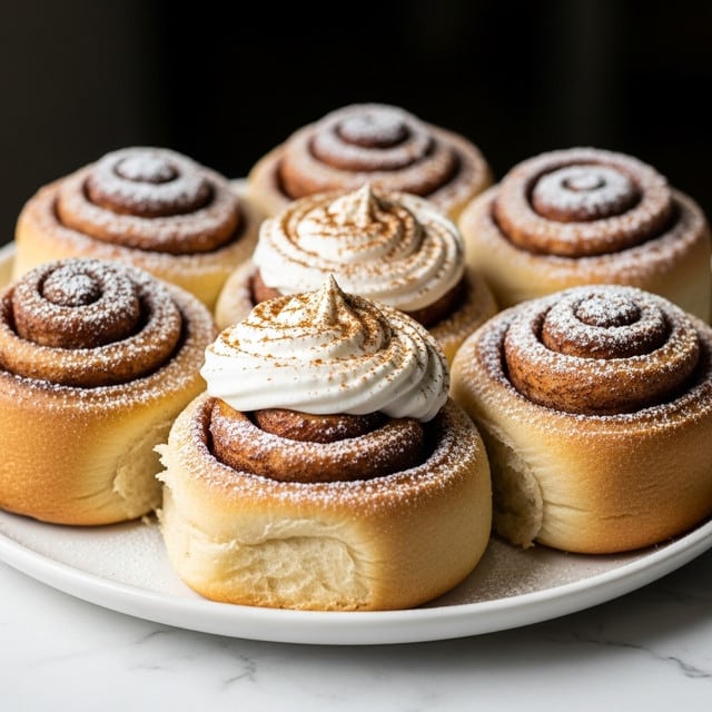 A white plate holds five soft, golden-brown cinnamon rolls arranged close together. Each roll has a spiral shape with a slightly raised texture and is dusted lightly with powdered sugar and cinnamon powder. Three of the rolls are topped with a swirl of white whipped cream, which has a smooth, fluffy texture and is sprinkled with cinnamon powder. The plate sits on a surface with a white marbled texture, and the background is dark and blurred to emphasize the warm tones of the cinnamon rolls. photo taken with an iphone --ar 4:5 --v 7