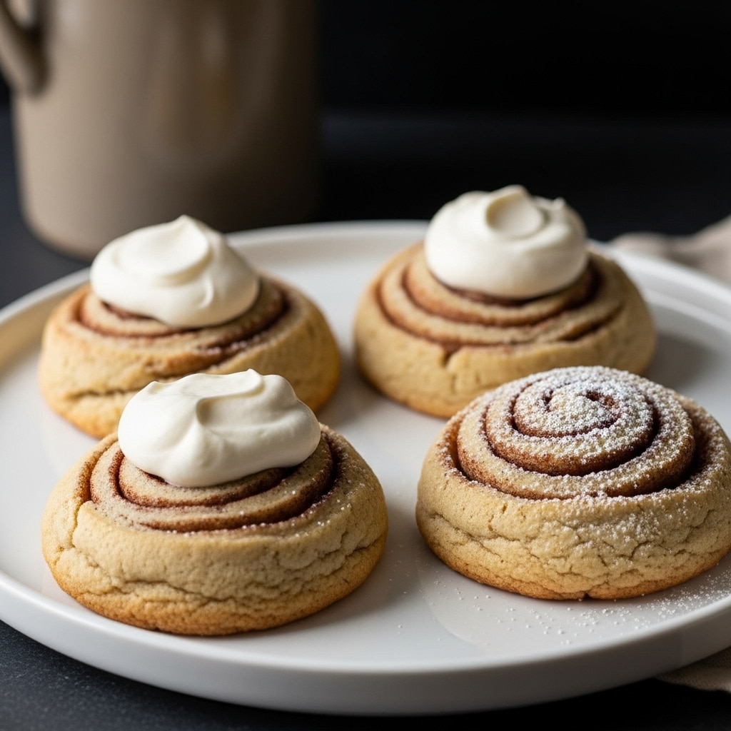 Four light brown cinnamon roll cookies with a soft, swirled texture sit on a white round plate. Two of the cookies have a dollop of white whipped cream on top, while the other two are dusted with powdered sugar, giving a slight sparkle. The plate rests on a dark surface with a blurred, muted brown jug in the background. The lighting highlights the soft, crumbly texture and warm tones of the cookies. photo taken with an iphone --ar 4:5 --v 7