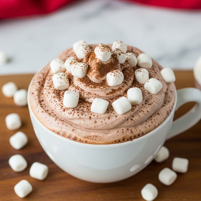 A creamy layer of light brown whipped drink fills a white cup, topped with small white marshmallows scattered unevenly across its surface, some dusted with light brown cocoa powder. The whipped drink has smooth swirls visible underneath the marshmallows. The cup sits on a wooden board with loose marshmallows placed around it, all set on a white marbled surface with a blurred red cloth in the background. photo taken with an iphone --ar 4:5 --v 7