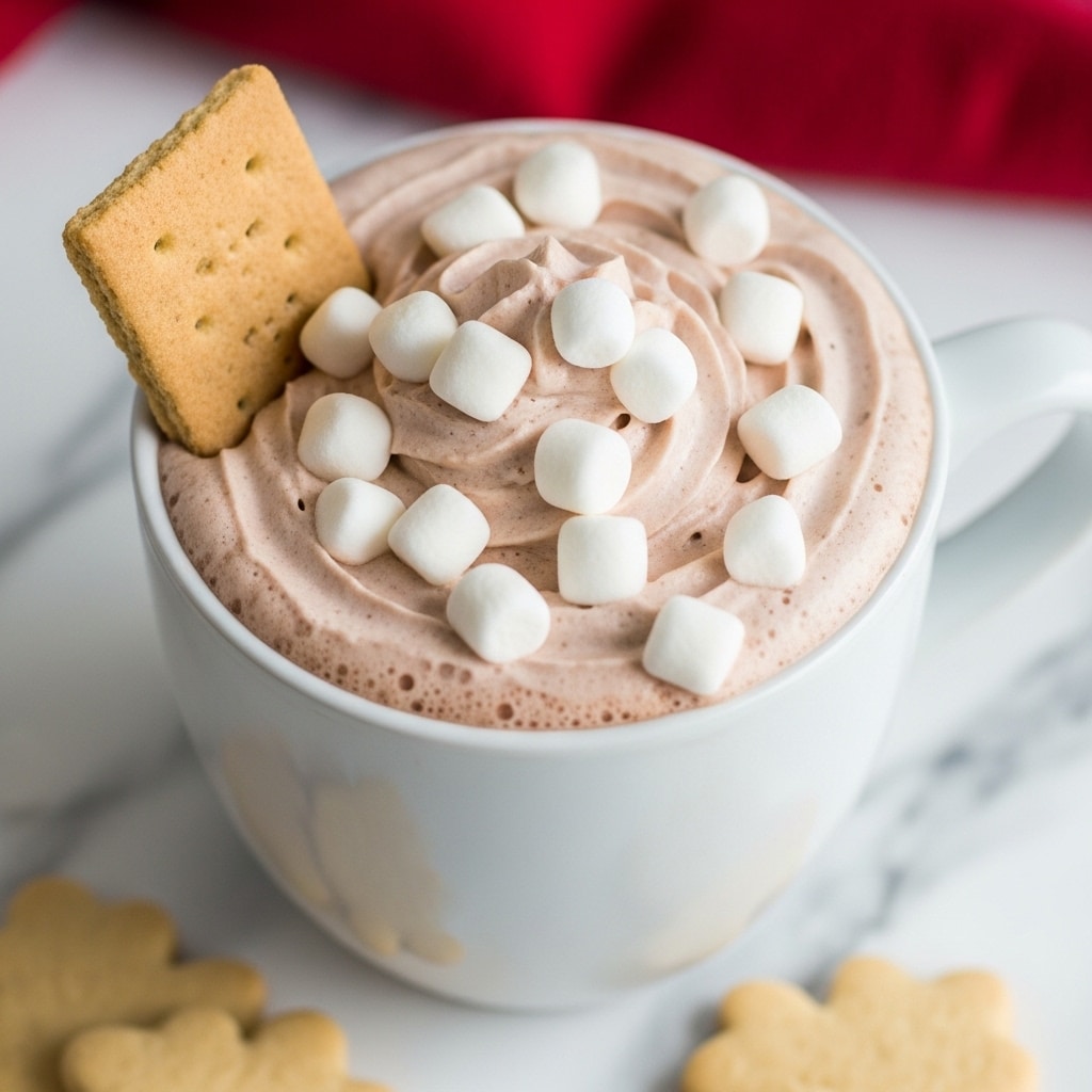 A close-up image shows a white mug filled with light brown whipped hot chocolate topped with small white marshmallows scattered unevenly on the creamy surface. A rectangular graham cracker is placed inside the mug on the left side, partially dipped into the whipped layer. The mug is set on a white marbled surface with a blurred red cloth in the background and some light-colored holiday-shaped cookies at the bottom. photo taken with an iphone --ar 4:5 --v 7