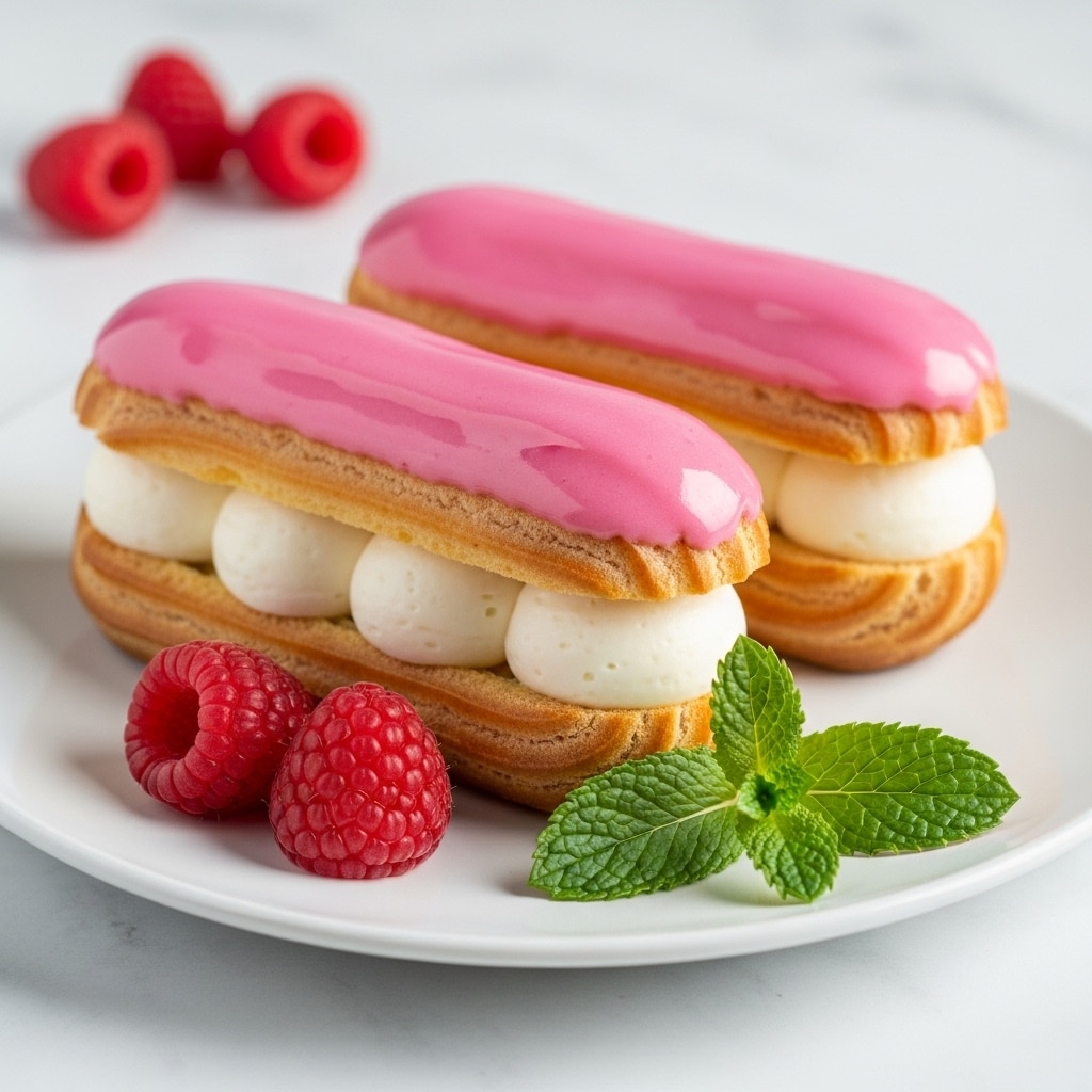Two eclairs are placed on a white plate, each with three layers: a bottom golden-brown choux pastry, a middle layer of smooth, round dollops of white cream, and a top layer of shiny pink icing that covers the pastry fully. In front of the eclairs, there are two fresh red raspberries and two bright green mint leaves. The plate sits on a white marbled surface with three more raspberries blurred in the background. photo taken with an iphone --ar 4:5 --v 7