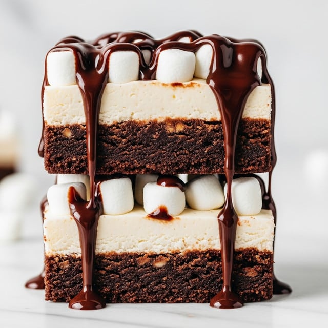 The image shows a close-up of two stacked dessert bars, each with two layers: a thick, dark brown fudgy bottom layer with a rough texture, and a smooth, creamy white top layer. Both bars are topped with many small white marshmallows, some of which have glossy dark chocolate sauce dripping over them and running down the sides, creating a rich contrast. The bars are stacked directly on top of each other with the chocolate sauce flowing from the top bar down to the bottom one. The background is a white marbled texture. Photo taken with an iphone --ar 4:5 --v 7
