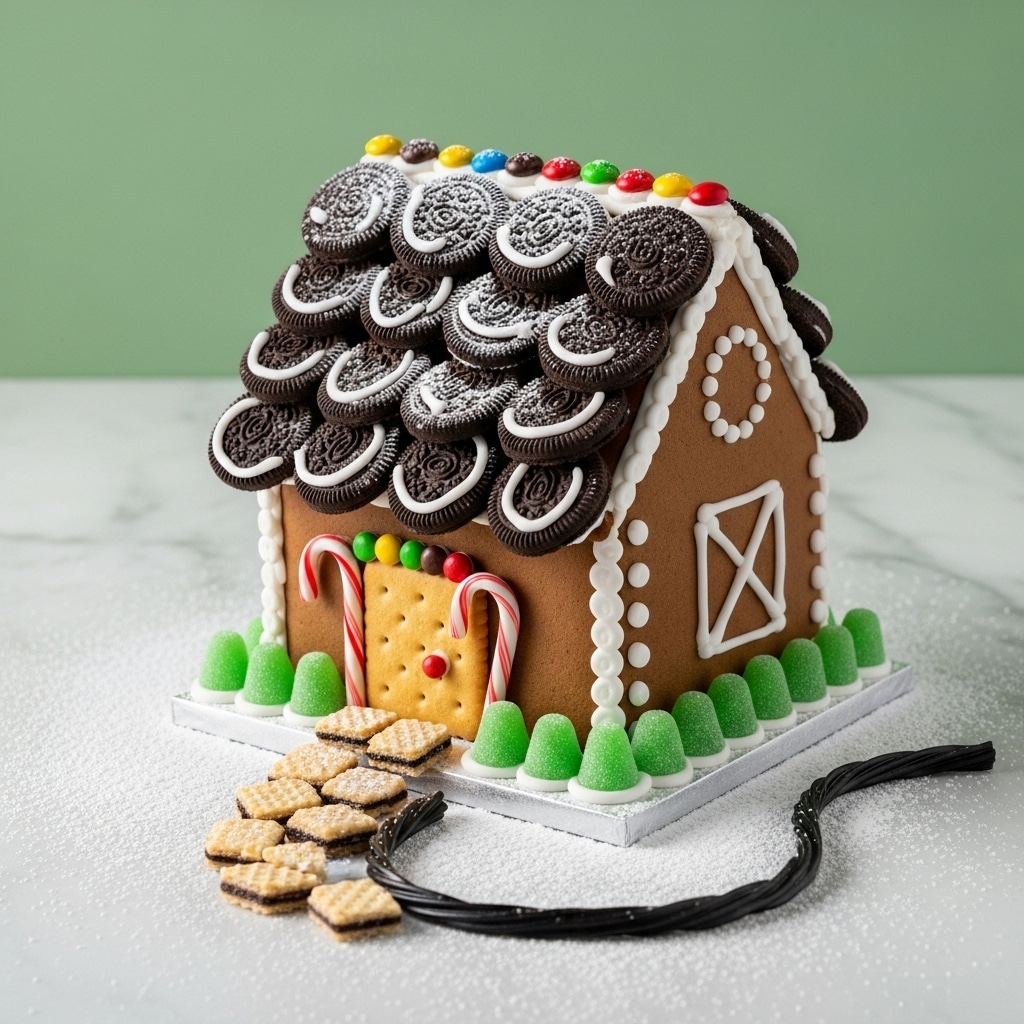 A small gingerbread house sits on a white marbled texture, covered lightly in powdered sugar. The house has brown gingerbread walls with a door made of a square cracker framed by red and white candy canes, topped with small multicolored candy pieces. The roof is layered with dark brown, round chocolate cookies arranged in overlapping rows, edged with white icing. White icing dots and lines decorate the edges of the house, including a white 