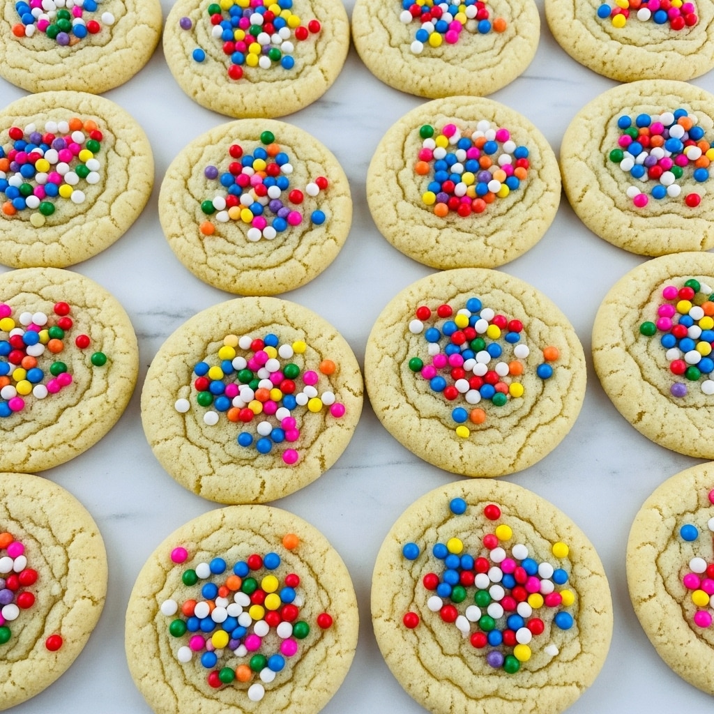 The image shows a close-up view of many round sugar cookies arranged in neat rows on a white marbled surface. Each cookie has a light golden-yellow base with a slightly grainy texture. The tops are densely covered with small, round, colorful sprinkles in red, blue, green, yellow, orange, pink, purple, and white, giving a festive and bright look. The cookies are uniform in size, and the sprinkles create a bumpy texture all over each cookie’s surface. There are no other items visible around the cookies. photo taken with an iphone --ar 4:5 --v 7