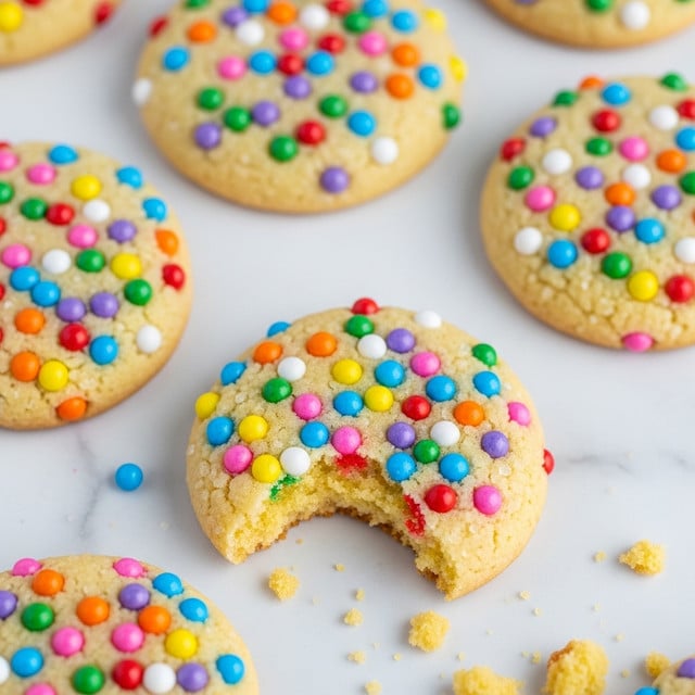 The image shows several round vanilla cookies covered fully with small, round, colorful sprinkles in red, blue, green, yellow, pink, purple, orange, and white. The cookies have a slightly rough texture with tiny sugar crystals visible underneath the sprinkles. They are placed on a white marbled surface, with one cookie partially eaten, revealing a soft, dense, and crumbly yellow interior. Some cookie crumbs and a few sprinkles are scattered nearby, enhancing the casual, fresh-baked feel. photo taken with an iphone --ar 4:5 --v 7