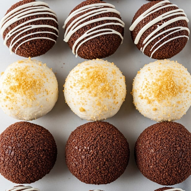 This image shows several round treats arranged in rows on a white marbled surface. The top row has brown crumb-coated balls with a smooth texture, each decorated with white icing drizzled in diagonal stripes. The middle row consists of smooth white balls with golden crumbs sprinkled unevenly on top, giving a speckled look. The bottom row shows darker brown balls, covered in a crumb coating similar to the top row but without any icing. The treats are closely packed, creating a neat pattern of repeating textures and colors. Photo taken with an iphone --ar 4:5 --v 7