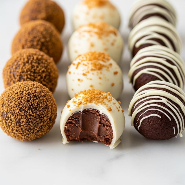 The image shows two rows of round chocolate truffles on a white marbled surface. The front row features three white chocolate-coated truffles sprinkled with golden crumbs, with one truffle bitten to reveal a rich, dark chocolate center with a smooth texture. To the left, there are three truffles fully covered with golden crumbs, showing a coarse texture. On the right side, three crumb-covered truffles are drizzled with thick white chocolate lines in a neat pattern. The arrangement is close together, focusing on the varied textures and colors of the coatings and chocolate inside. photo taken with an iphone --ar 4:5 --v 7
