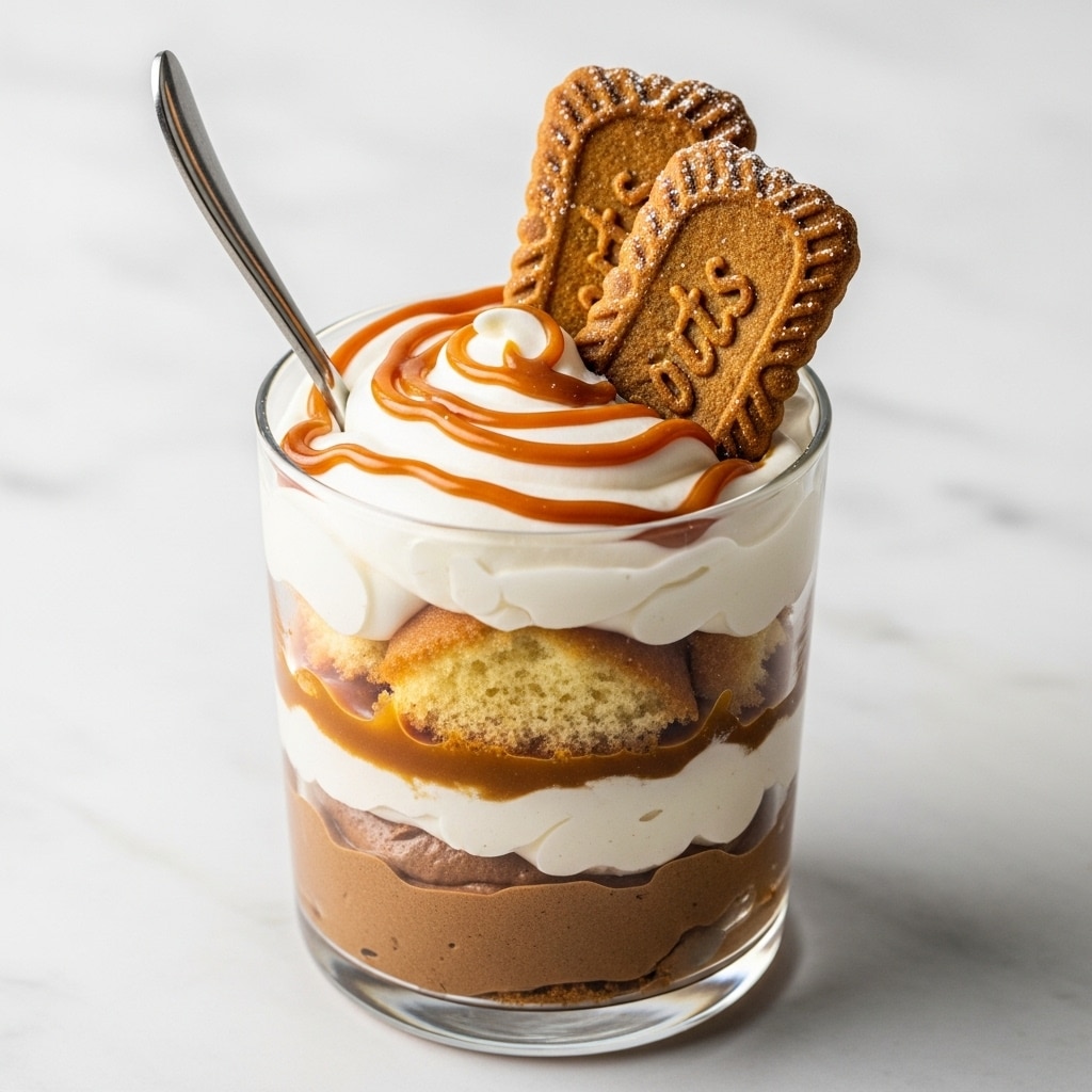 A close-up view of a clear glass filled with a layered dessert showing three main visible layers: a bottom layer of dark brown creamy mousse, a middle layer of light brown cake soaked with liquid, and a thick top layer of white whipped cream swirled with caramel sauce. Two rectangular light brown cookies with a pattern and powdered sugar are partly embedded vertically in the whipped cream, and a spoon is inserted into the dessert on the left side. The glass is placed on a white marbled texture background. Photo taken with an iphone --ar 4:5 --v 7