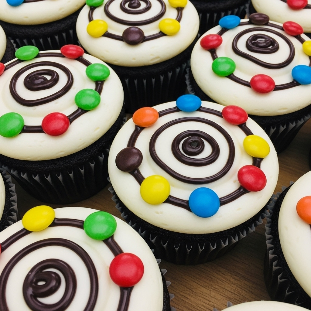 The image shows several chocolate cupcakes arranged closely together on a wooden surface. Each cupcake has one thick layer of smooth white frosting spread in a swirl shape on top. On top of the frosting, there is a thin spiral of dark chocolate drizzle going from the center outward. Colorful candy-coated chocolates in red, yellow, blue, green, and orange are scattered and placed around the chocolate spiral, adding bright spots of color against the white frosting. The cupcake liners are a dark brown color, contrasting with the creamy frosting and candies. photo taken with an iphone --ar 4:5 --v 7