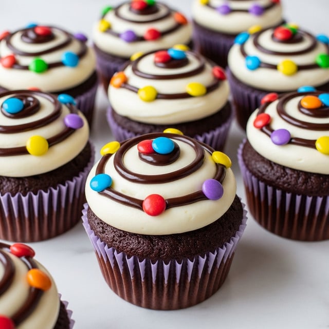 A close-up view of multiple chocolate cupcakes sitting on a white marbled surface, each cupcake showing one layer of rich brown cake topped with a thick swirl of smooth white frosting. On top of the frosting, there is a neat spiral of dark chocolate syrup, decorated with small colorful candy-coated chocolates in red, yellow, blue, green, and orange evenly placed around the spiral. The paper wrappers are light purple, and the texture of the frosting looks creamy and soft. Photo taken with an iphone --ar 4:5 --v 7