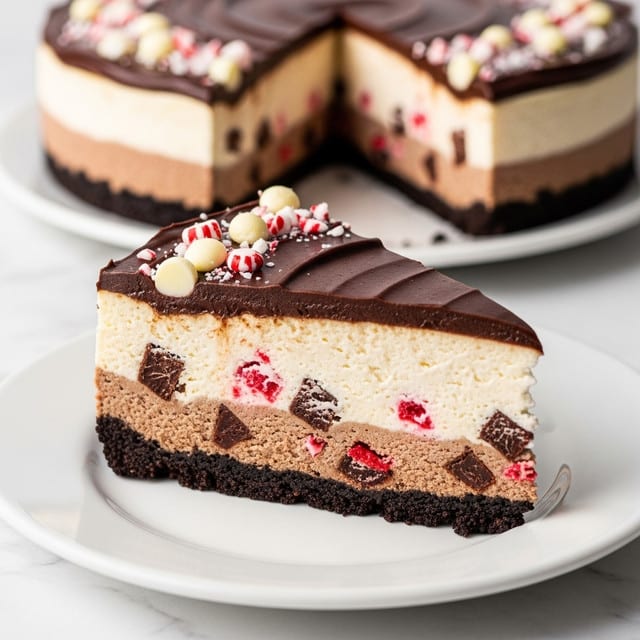 A slice of cheesecake with three visible layers sits on a white plate over a white marbled surface. The bottom layer is a dark chocolate crust, crumbly and thick. The middle layer is a creamy light beige cheesecake filled with small chunks of red and dark chocolate pieces scattered inside. The top layer is a smooth, glossy dark chocolate ganache spread evenly, decorated with small white chocolate and crushed peppermint candy pieces. In the background, the rest of the cheesecake on a white plate is slightly blurred. Photo taken with an iphone --ar 4:5 --v 7
