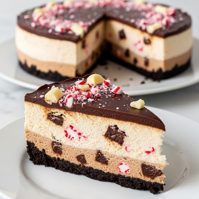 A slice of cheesecake with three visible layers sits on a white plate against a white marbled surface. The bottom layer is a dark, crumbly chocolate crust. The middle layer is thick and creamy, light beige in color with scattered small chunks of dark chocolate and bits of red and white peppermint candy mixed inside. The top layer is a smooth, glossy dark chocolate ganache, sprinkled with broken white chocolate and crushed peppermint pieces, adding texture and bright red and white colors on top. In the background, the rest of the cheesecake appears on a white plate. photo taken with an iphone --ar 4:5 --v 7