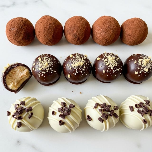 The image shows three rows of round truffles arranged neatly on a white marbled surface. The top row has three reddish-brown cocoa-dusted truffles with a matte texture. The middle row features five glossy dark chocolate-coated truffles, each sprinkled with light crumbly bits on top, and the first one on the left is bitten showing a creamy, pale filling inside. The bottom row contains three white chocolate-coated truffles with smooth, shiny surfaces and small dark chocolate shavings scattered on top. photo taken with an iphone --ar 4:5 --v 7