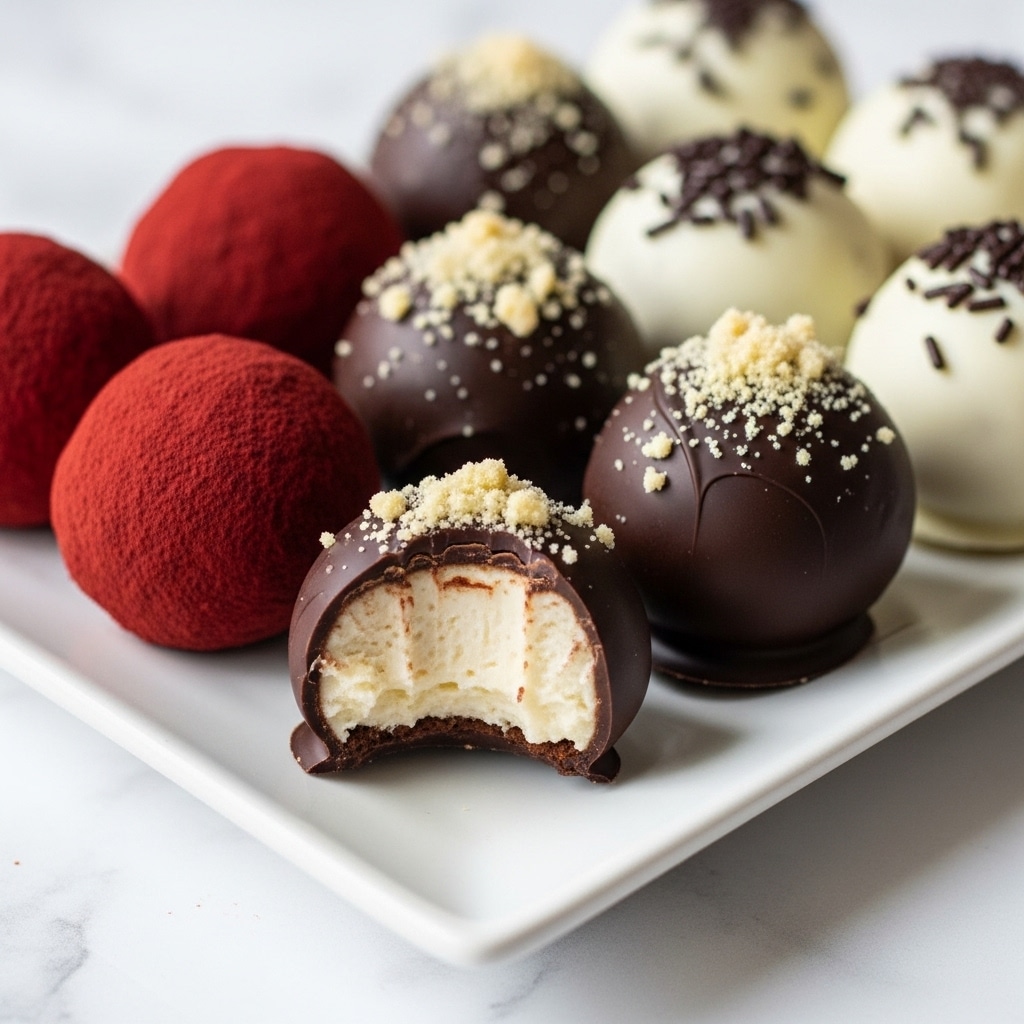 The image shows a group of round truffles arranged on a white rectangular plate placed on a white marbled surface. The truffles have a smooth dark chocolate coating and are topped with light beige crumbly pieces. One truffle in the front has a bite taken out of it, revealing creamy off-white filling and a soft inner layer beneath the dark chocolate shell. To the left, there are deep red cocoa-coated truffles, while to the right, there are white chocolate-covered truffles with dark brown sprinkles on top. The colors and textures contrast nicely, with each truffle having a glossy or powdery finish. photo taken with an iphone --ar 4:5 --v 7