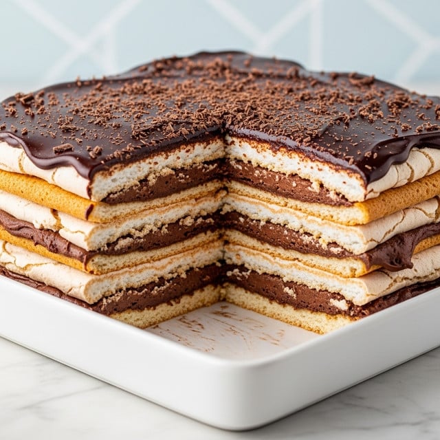 A layered dessert with about eight thin layers visible, alternating between light beige meringue and dark brown chocolate cream, stacked inside a white square dish. The top layer is covered with a smooth, dark chocolate glaze sprinkled with fine chocolate shavings, some of which spill over the sides. The meringue layers are slightly crisp-looking, with a rough texture, and the chocolate layers appear thick and creamy, filling the gaps. A large section is cut out, showing the texture contrast between crunchy meringue and creamy chocolate. The dish sits on a white marbled surface with a soft geometric light blue background. Photo taken with an iphone --ar 4:5 --v 7