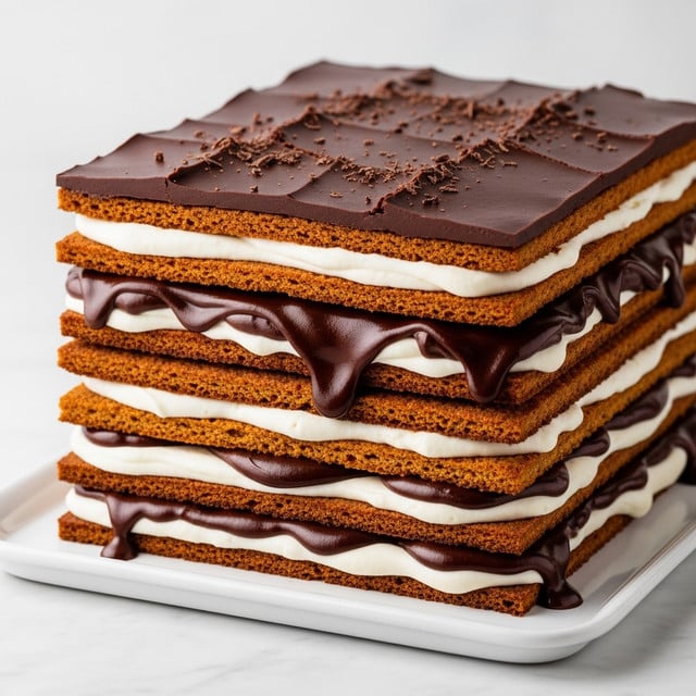 A tall layered dessert with multiple thin, toasted brown cake layers stacked evenly, separated by creamy white filling that looks smooth and soft. Between some layers there is a shiny dark chocolate ganache, thick and glossy, flowing slightly over the edges in the top layer. The top surface is covered with a rich, dark chocolate layer that has small cracks and a few chocolate shavings sprinkled lightly on it. The dessert is set on a white tray which sits on a white marbled surface. Photo taken with an iphone --ar 4:5 --v 7