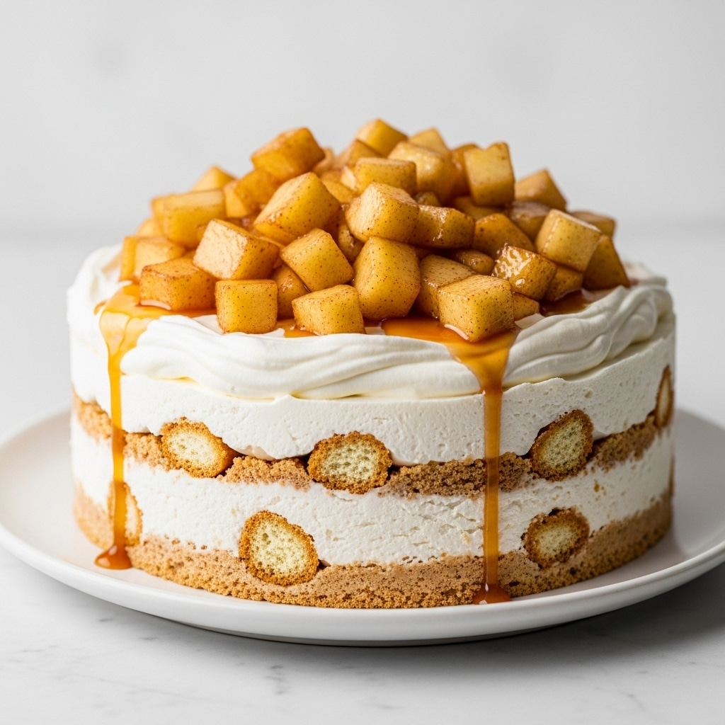The image shows a round layered dessert on a white plate, set on a white marbled surface. The dessert has three visible layers consisting of a creamy whitish base mixed with light brown bits, likely cake or biscuit pieces embedded within the creamy texture. On top, there is a thick smooth white cream layer, which acts as the base for a pile of golden brown cooked apple chunks that look soft and caramelized with a shiny glaze. Some light caramel sauce is drizzled over the apples and cream gently dripping down the sides. The dessert has a rustic, slightly uneven edge that reveals the layers within, giving it a homey and inviting appearance. photo taken with an iphone --ar 4:5 --v 7