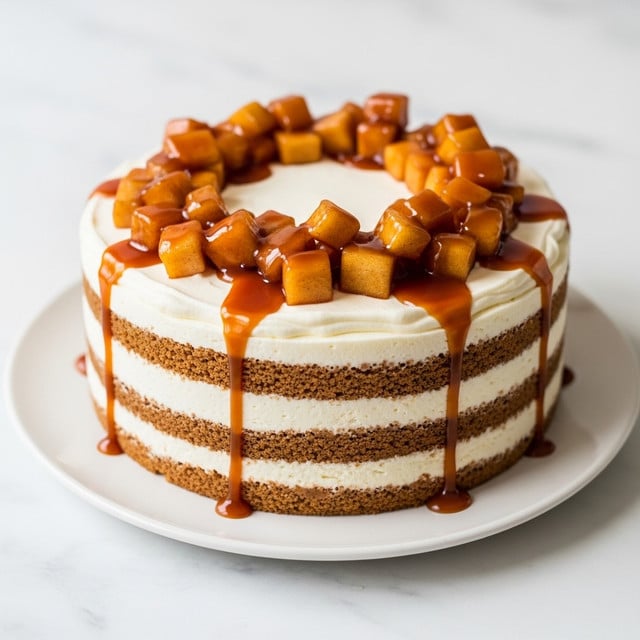 A round cake with three visible layers on a white plate sits on a white marbled surface; the cake layers alternate between light cream and brown crunchy-looking layers. The cake is covered with smooth white cream on top and around the sides. On top, there are caramelized apple chunks coated in a shiny caramel sauce, scattered evenly. A few caramel sauce drizzles run down the sides of the cake, adding a glossy texture. Photo taken with an iphone --ar 4:5 --v 7