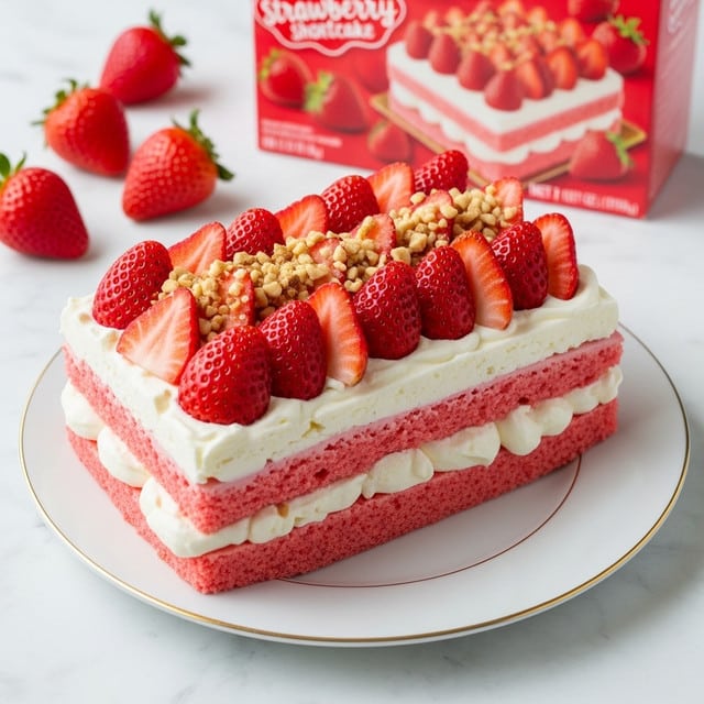 A rectangular strawberry shortcake dessert with three visible layers sits on a white plate with thin gold trim on a white marbled surface. The bottom layer is a moist, pink cake layer, topped with a thick, white whipped cream layer, followed by another pink cake layer. On top is a thick layer of whipped cream adorned with a neat arrangement of sliced red strawberries and crushed light brown nuts scattered over the fruit. Behind the plate, fresh whole strawberries and a strawberry shortcake box are scattered casually on the white marbled surface. Photo taken with an iphone --ar 4:5 --v 7