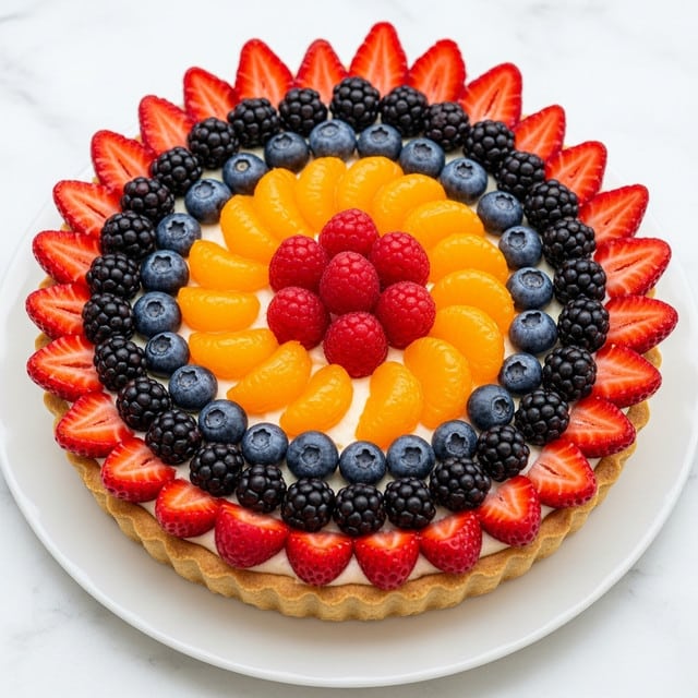 A round fruit tart with three visible layers starting from a golden brown crust base, topped with a smooth cream filling that holds an array of fresh fruit arranged in circles. The center features a cluster of bright red raspberries. Surrounding that is a ring of glossy, orange mandarin segments. Next comes a mix of vibrant red strawberry slices, shiny dark blueberries, deep purple-black blackberries, and more red raspberries, all layered closely together. The tart sits on a plain white plate over a white marbled surface. Photo taken with an iphone --ar 4:5 --v 7