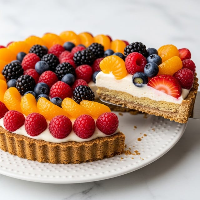A fruit tart is shown with three visible layers: the bottom layer is a golden brown crust with a crumbly texture, the middle layer is a smooth, creamy white filling, and the top layer is a colorful mix of fresh fruits arranged closely together. The fruits include bright orange mandarin slices, red raspberries, black blackberries, dark blue blueberries, and red strawberry slices. A slice of the tart is being lifted by a spatula, showing the crust’s thickness and the creamy filling under the fruits. The tart sits on a white plate with a subtle dotted pattern, placed on a white marbled surface. Photo taken with an iphone --ar 4:5 --v 7