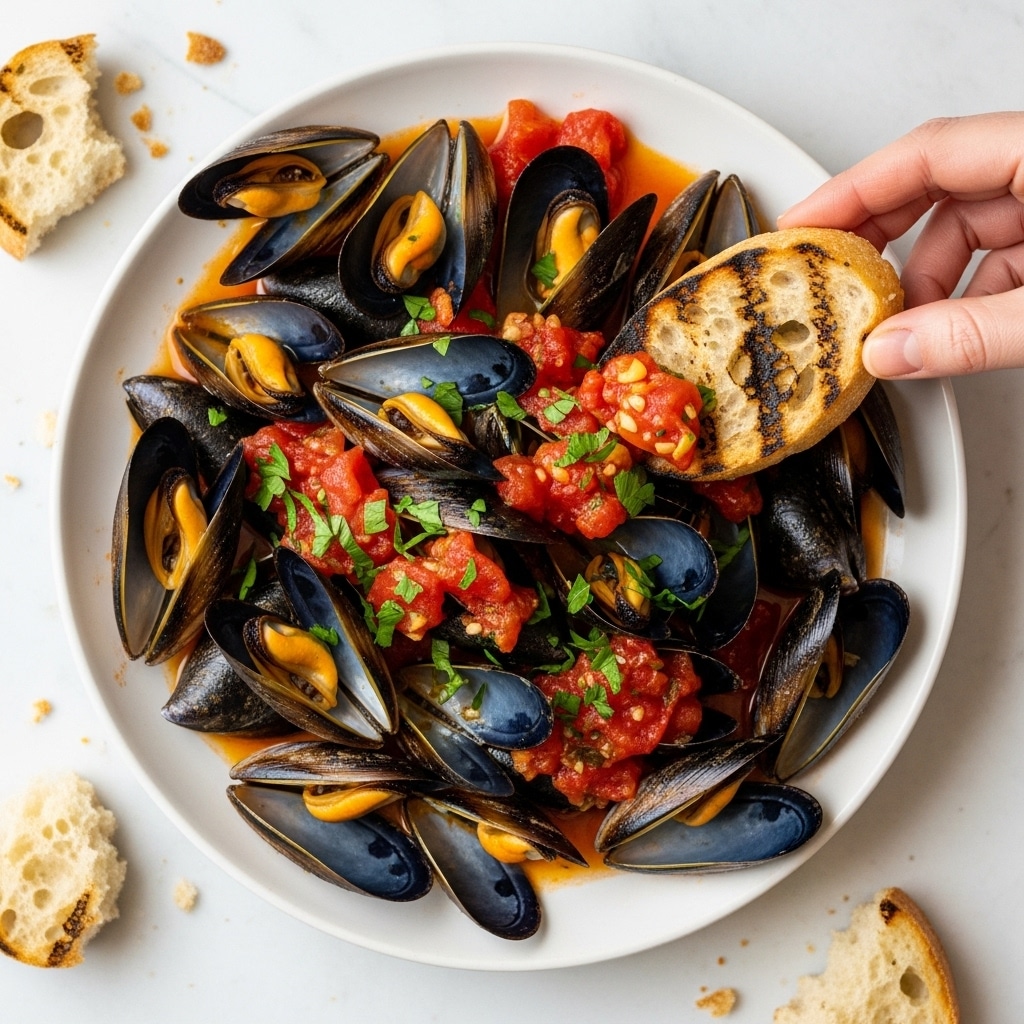A white plate filled with open mussel shells showing orange mussel meat inside, scattered on a bright red tomato-based sauce mixed with chunks of tomatoes and herbs, mostly green parsley sprinkled on top. A piece of grilled bread with dark char marks rests on the edge of the plate, being held by a woman's hand dipping slightly into the sauce. The plate sits on a white marbled textured surface with some bread pieces broken around. photo taken with an iphone --ar 4:5 --v 7