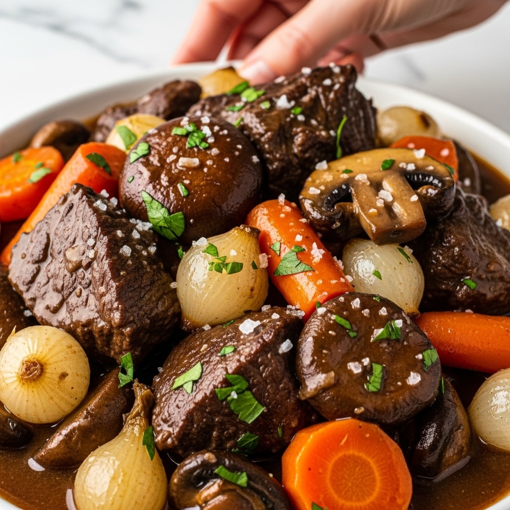 The image shows a close-up of a rich beef stew with several layers of ingredients mixed together. There are large chunks of dark brown beef, bright orange carrot pieces, whole small pearl onions that are light golden, and thick slices of brown mushrooms. The stew has a glossy, thick brown sauce covering everything, and small green parsley leaves are scattered on the surface for a fresh touch. Coarse salt crystals are sprinkled on top, giving some texture and shine. A woman's hand can be seen above the stew as if about to serve it, and the background is a white marbled texture. photo taken with an iphone --ar 4:5 --v 7