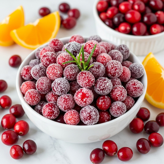 A white bowl filled with fresh cranberries covered in a layer of white sugar crystals, creating a frosted look. The cranberries are round and vary in shades of red, from bright to dark, with a few green rosemary sprigs inserted in the center for color contrast. Around the bowl are scattered raw cranberries and wedges of bright orange fruit on a white marbled surface. In the background, a smaller white dish holds more fresh cranberries, adding depth to the scene. The lighting highlights the shiny texture of the cranberries and the sparkle of sugar. Photo taken with an iphone --ar 4:5 --v 7