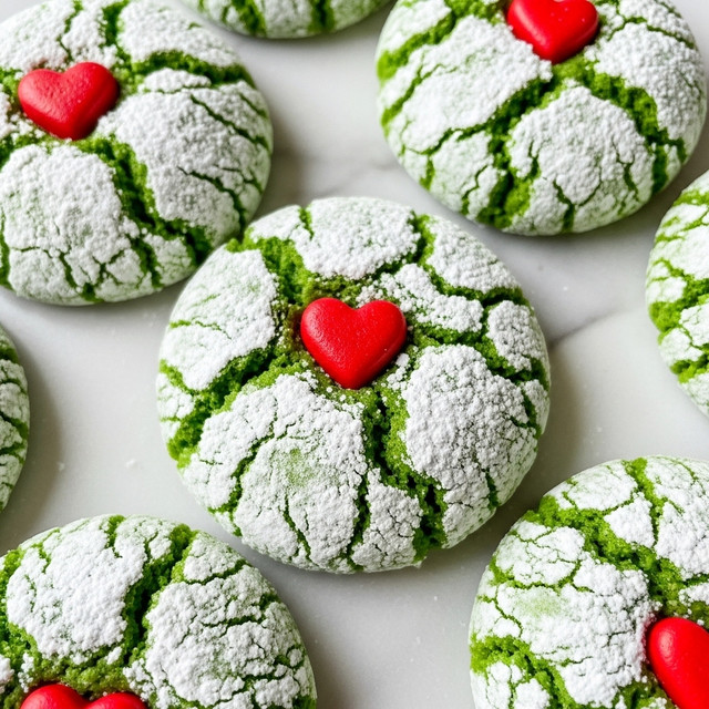 Grinch Cookies with Powdered Sugar and Red Heart Sprinkles Recipe